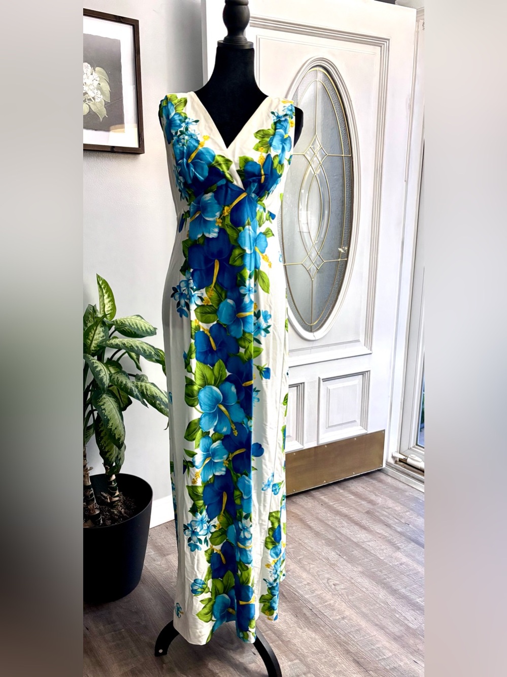 White Maxi Dress with Blue and Green Floral Panel